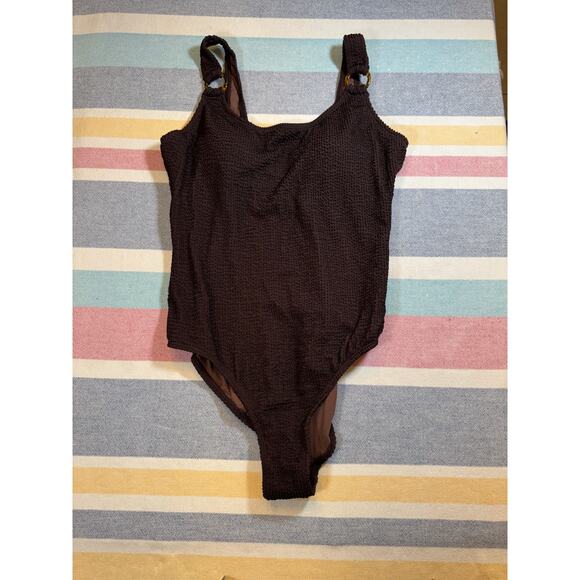 NWOT Brown Waffle One Piece Swimsuit Tortoise Rings Size Large - Picture 1 of 7